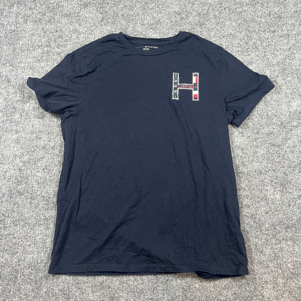 Tommy Hilfiger T Shirt Mens Medium Navy Blue Cotton Logo Print Crew Neck Casual